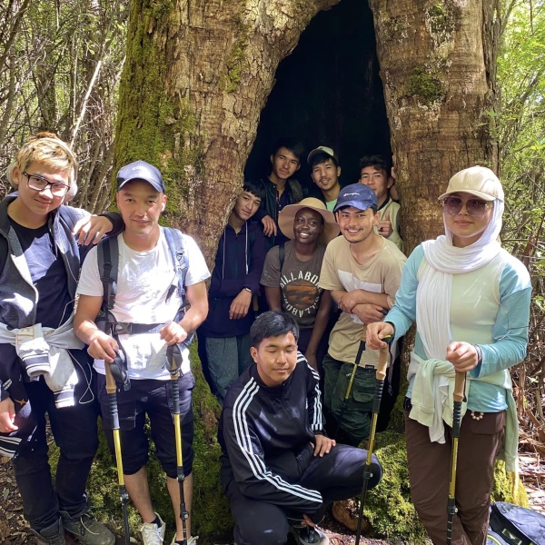 Group of people on a hike standing in front of tree and within a hollow crevice in the tree